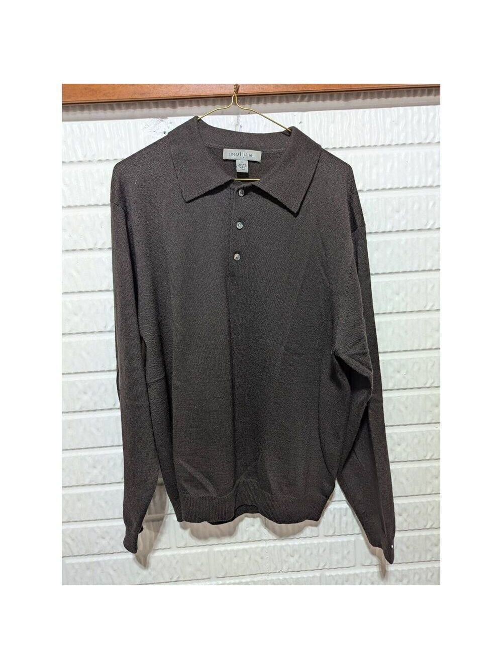 Linea Juomo Men's Brown Solid Long-Sleeve Merino Wool Collared Sweater Size L